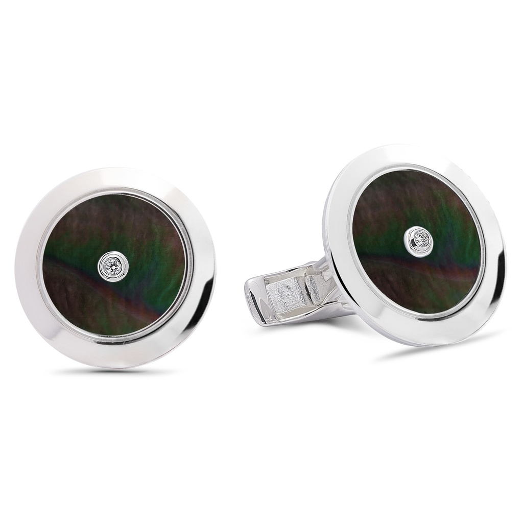 Plain Cufflinks Gray Mother Of Pearl with Two Diamonds  - 950 Sterling Silver