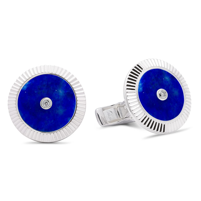 Lining Cufflinks Blue Lapis with Two Diamonds  - 950 Sterling Silver