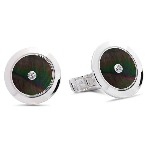 [GMC597G] Plain Cufflinks Gray Mother Of Pearl with Two Diamonds  - 950 Sterling Silver