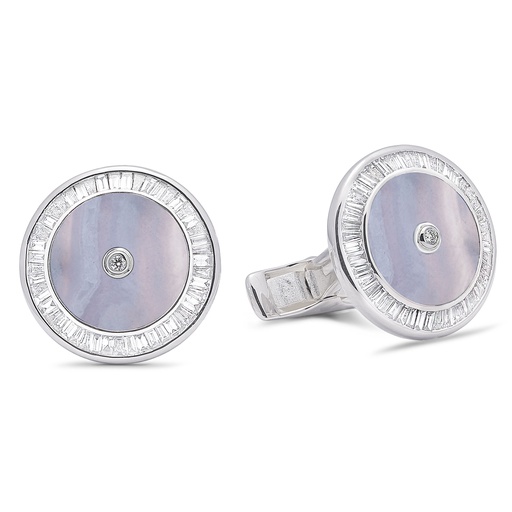[GMC594C] Baguette Diamond Chalcedony Cufflinks  - 950 Sterling Silver
