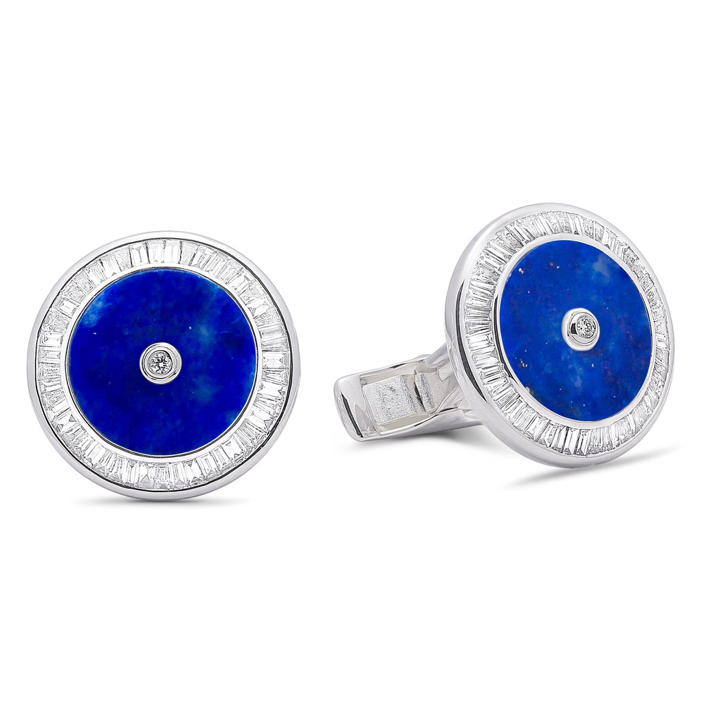 Baguette Diamond Blue Lapis Cufflinks - 950 Sterling Silver