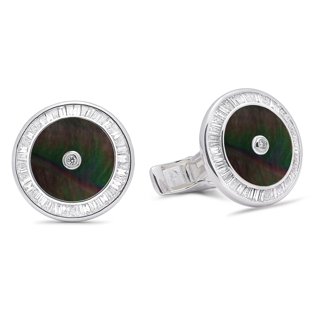 Baguette Diamond Gray Mother Of Pearl Cufflinks  - 950 Sterling Silver