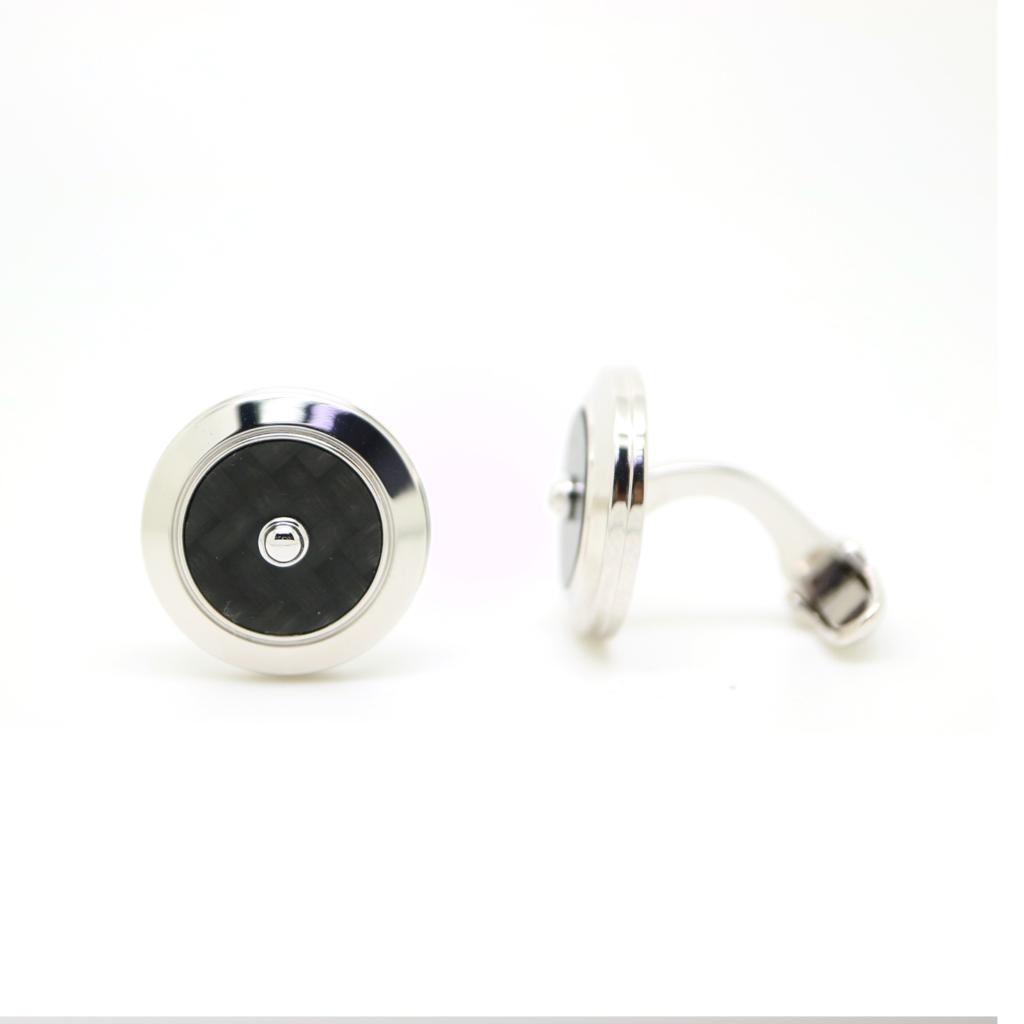 Plain Cufflinks White Sterling Silver with Carbon Fiber