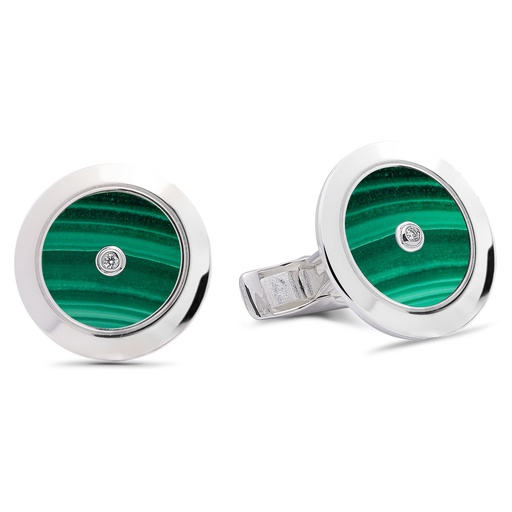 [GMC597M] Plain Cufflinks Malachite with Two Diamonds  - 950 Sterling Silver
