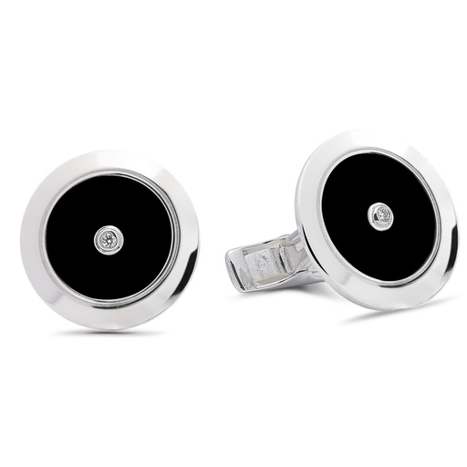 [GMC597O] Plain Cufflinks Black Onyx with Two Diamonds  - 950 Sterling Silver
